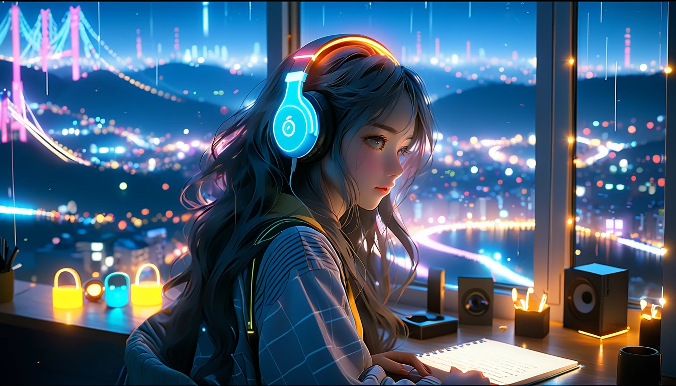 Beautiful girl studying in her room while listening to music with headphones、long hair、Warm indirect lighting、Beautiful cityscape from the room window、Japanese anime style、