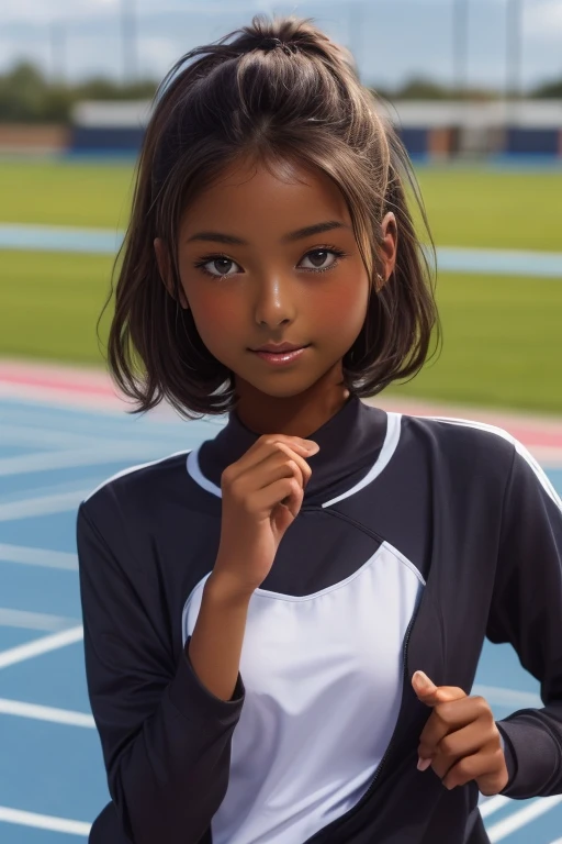 (((( one girl )))), Put your hand over your mouth、Beautiful breasts、 Brown eyes, ((Gal Hairstyles)) blonde, girl, (Eye and facial details:1.0), break, (masterpiece, Highest quality, Very detailed, Detailed face, 8k),( dark skin:1.9 ), (((( track and field uniform )))),( open mouth ),(((( 9歳 ))))