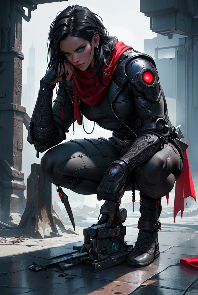 A crouching assassin man with long black hair, bright piercing blue eyes, glowing ethereal aura, flowing red scarf, detailed ornate sword behind body, hand holding intricate glowing knife, cyberpunk city with towering neon-lit clock tower, cinematic dramatic lighting, radiant and vibrant colors, perfect symmetry, intense focused spotlight, dark and moody atmosphere, dynamic and dramatic motion, highly intricate digital painting, (best quality,4k,8k,highres,masterpiece:1.2),ultra-detailed,(realistic,photorealistic,photo-realistic:1.37)