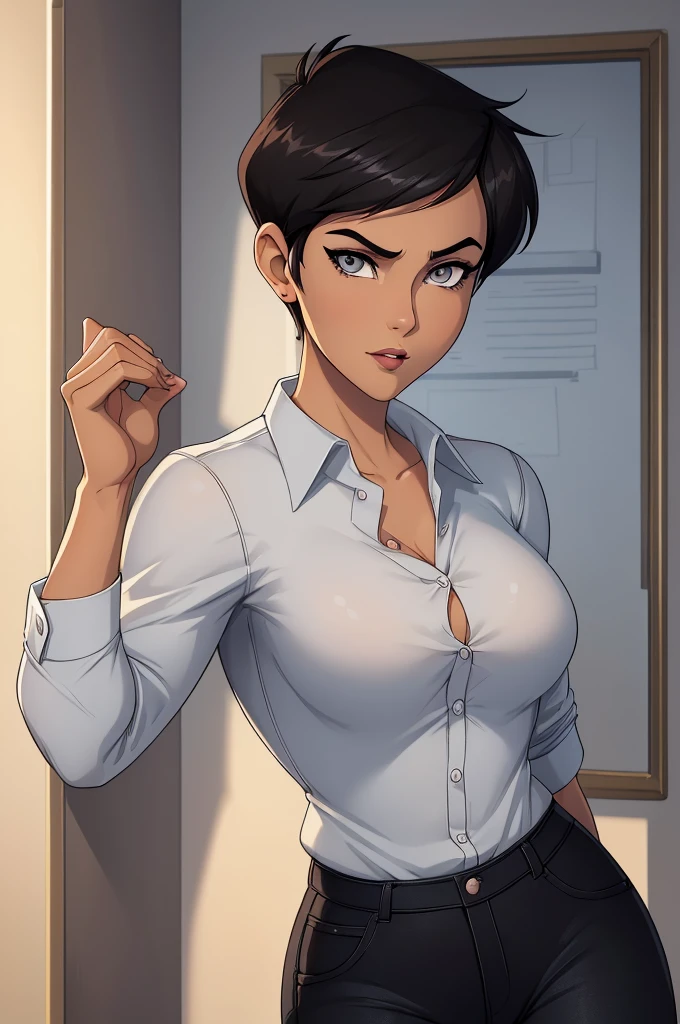 ((ultra quality)), ((masterpiece)), Lois Lane, short stature, ((black short hair tomboy hairstyle)), (Beautiful face), (beautiful female lips), (), charming, ((sexy facial expression)), looks at the camera, eyes slightly open, (light skin color), (light skin), glare on the body, ((detailed beautiful female eyes)), ((grey eyes)), (juicy female lips), (dark makeup, dark eyeliner, dark lipstick), (beautiful female hands), ((ideal female figure)), ideal female body, beautiful waist, gorgeous thighs, beautiful small breasts, ((subtle and beautiful)), sexy worth (), (White unbuttoned shirt, Black jeans) background: office, ((depth of field)), ((high quality clear image)), (clear details), ((high detail)), realistically, professional photo session, ((Clear Focus)), anime