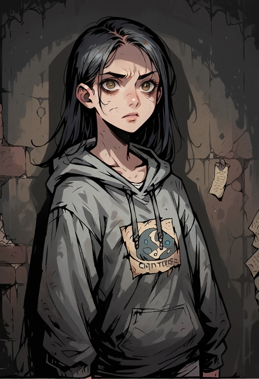 Medium close-up portrait of a pale, slender girl, long straight hair, black hair, contrast brown eyes. She has serious almost contemptuous face expression, looking directly at the viewer and has finely detailed facial features. She is wearing a slightly torn but clean, oversized clear grey hoodie with no text, and has a small chest. In the background, writings on a weathered, dusty wall, creating a moody, atmospheric scene. The overall visual style is dark, gritty, and detailed, inspired by Chris Bourassa, known for his dramatic lighting and expressive.
