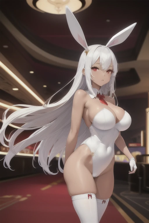 Adult woman facing forward、Captivating breasts　White bunny suit、There is a gold line、High leg、Shiny silver long hair、Staring down at the viewer with red eyes、Brown skin、Casino background、
