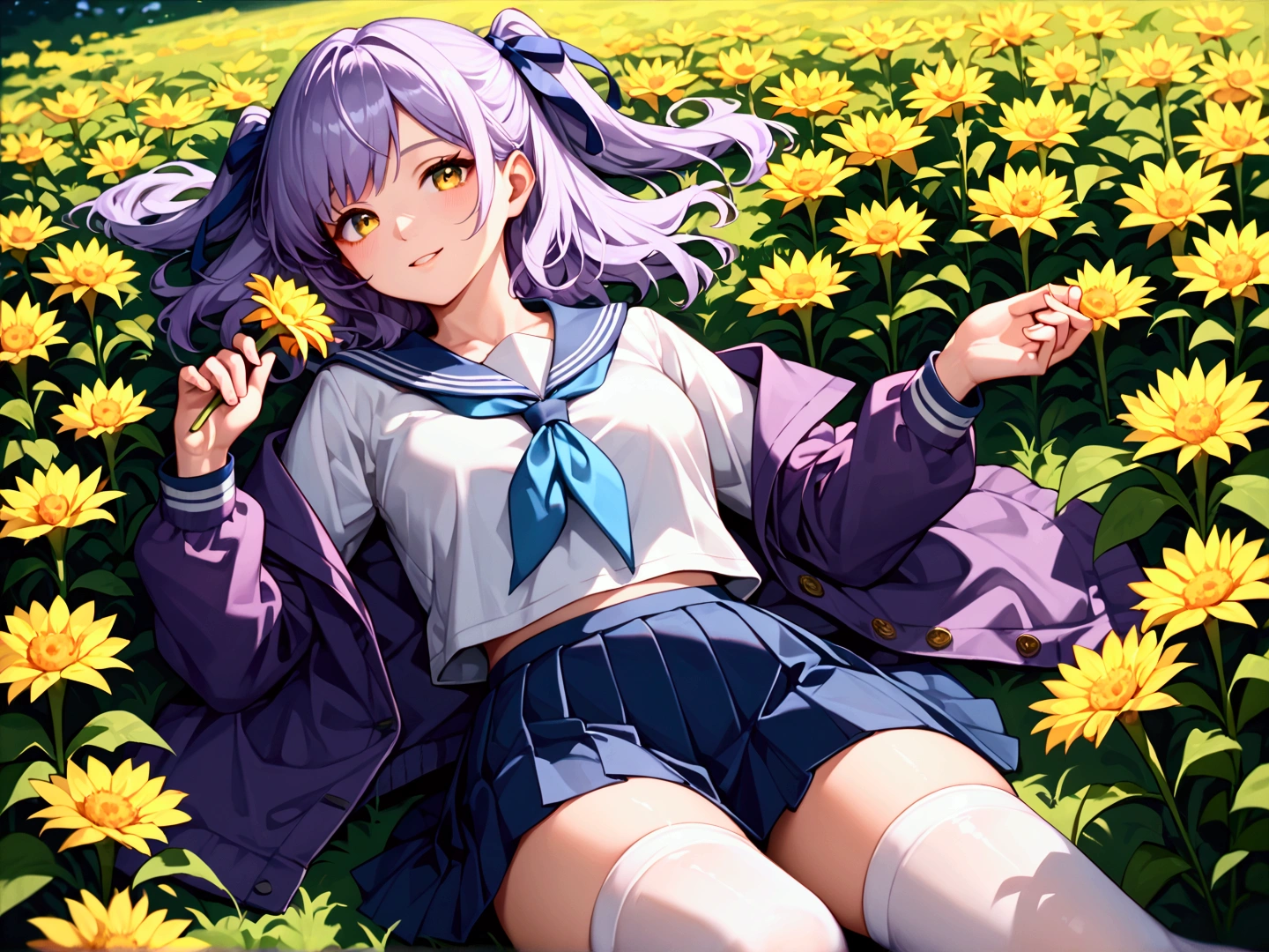 score_9, score_8_up, score_7_up, 1girl, solo, light purple hair, medium hair, two-side up, hair ribbon, yellow ribon, yellow eyes, smile, faint lips, serafuku, white serafuku, blue sailor collar, aqua neckerchief, purple jacket, open jacket, japanese clothes, navy skirt, pleated skirt, white thighhighs, outdoors, iris (flower), flower field, holding flower, on back, lying