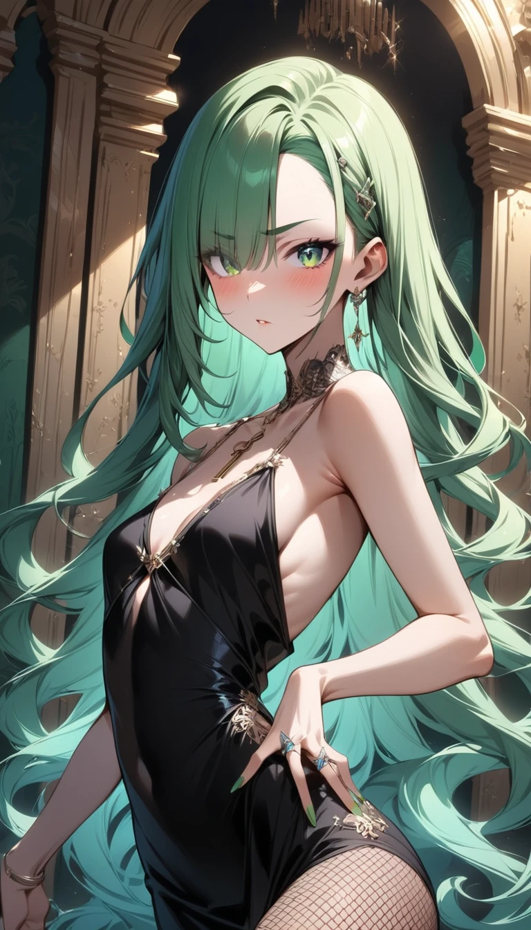 (butt), (bedroom), (Sexy Girls), masterpiece, best quality, 1 girl, Bangs, blush, Chest, clavicle, Danteidong, Eyebrows visible through hair, (Gradient green hair), Jewelry, Long hair, Looking at the audience, Bright Eyes, ring, (solitary), illustration, fashionable, miss, Strike a pose, background, element, confident, Express, Accessories, majestic, striking, key point, Dynamic poses, ((Skinny)), (Fishnet stockings))