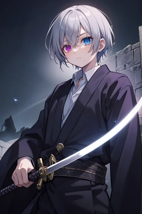 silver-haired dark magic user, heterochromia, blue eyes, deep purple eyes, wearing collared shirt, holding japanese sword in moo...