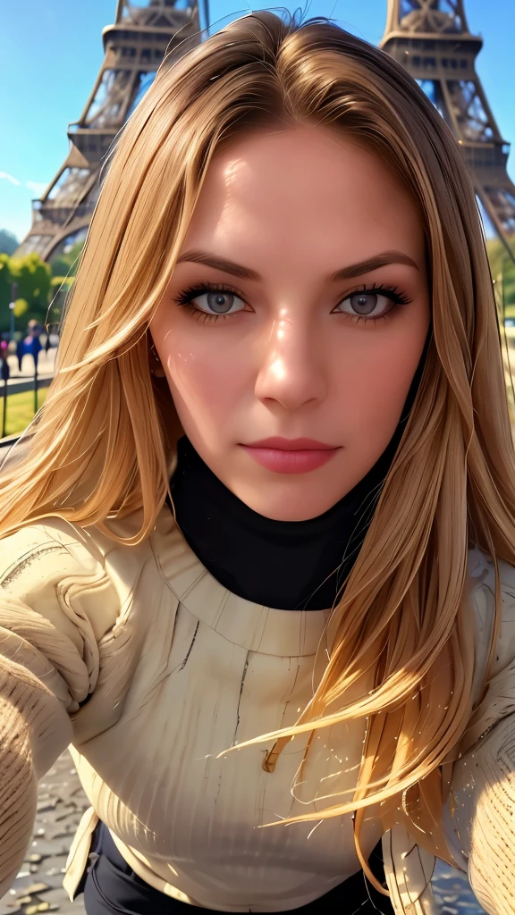 Mary R., looking at viewer, 1girl, 8k, uhd, professional photograph, best quality, masterpiece, photorealistic, raw image, perspective, 5 fingers, depth of field, skin pores, detailed skin, detailed eyes, black turtleneck sweater, Kadak photo, sharp focus, standing outside of Eifel tower