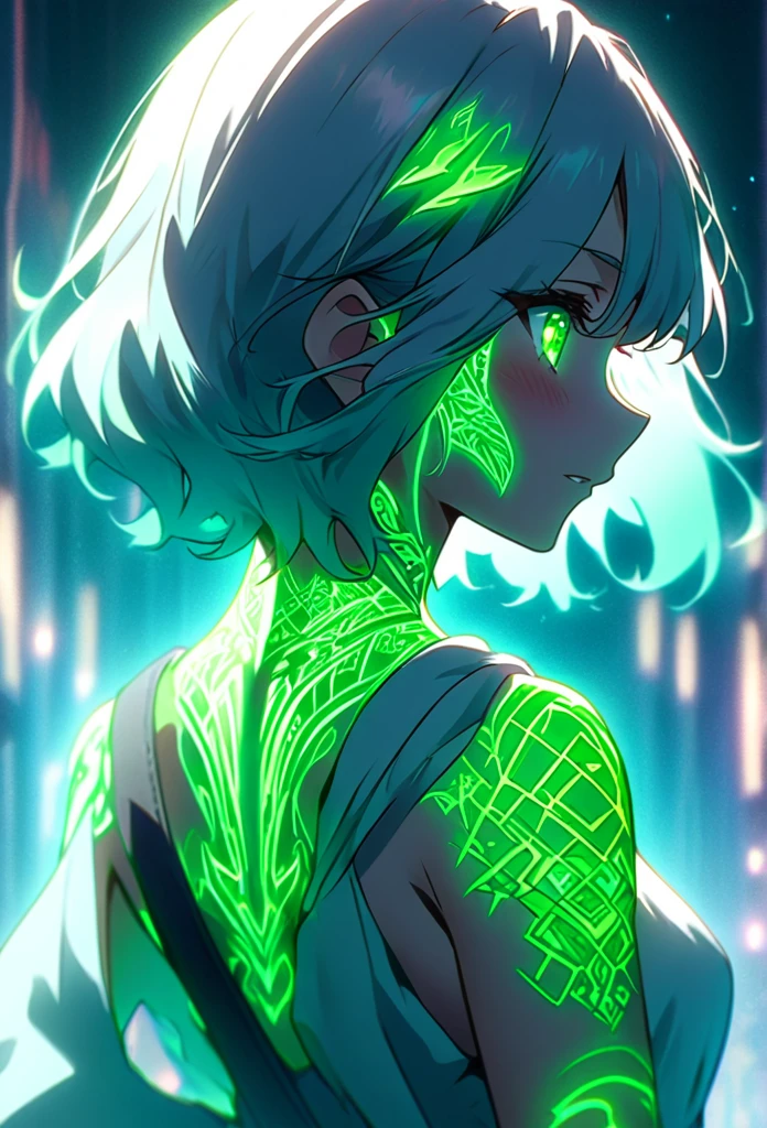 Anime screenshots、Artistic anime illustration of a girl adorned with thick, glowing neon dragon tattoos on her body and face。The tattoo on his back is a mix of green and white.、Neon glow、The scene has a dreamy, soft-focus effect that accentuates the brilliance of the tattoo.