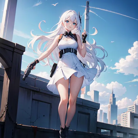 1 girl, jumping from the rooftop, high res, wearing white dress, holding guns, ultrasharp, 8k, masterpiece