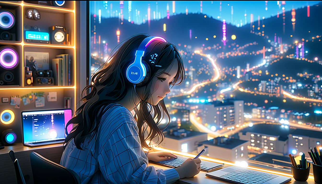 Beautiful girl studying in her room while listening to music with headphones、long hair、Warm indirect lighting、Beautiful cityscape from the room window、Japanese anime style、