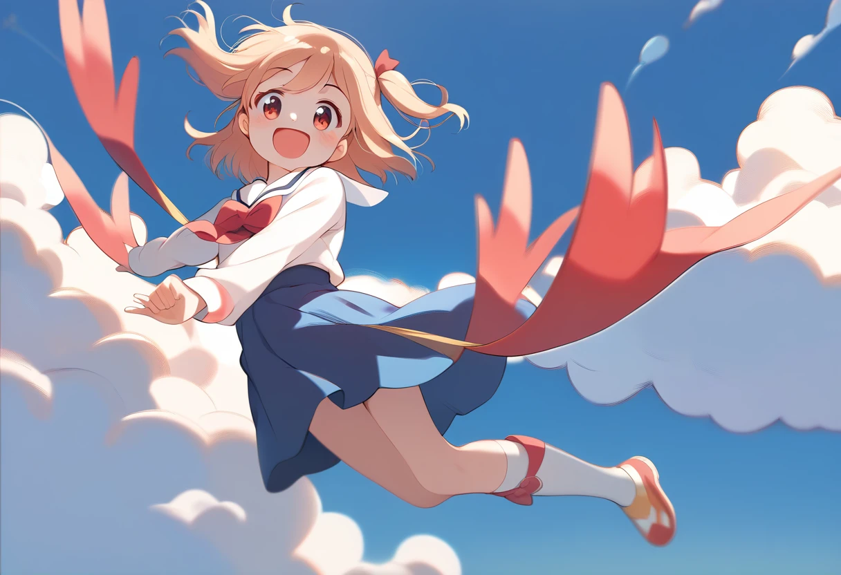 1girl, 独奏, hinata, one side up, blue dress, white sailor collar, white long sleeves, red bow, happy, blush, indoors, looking at viewer, masterpiece, Highest quality, High resolution, sky diving, cute woman flight in the cloud, cloud, flight, fun, smile, shout, Big Jump, fall, Wide Shot, White children's underwear, (Strong wind 1.3), (pull clothes, Increase in wind power, Pulling on skirt)