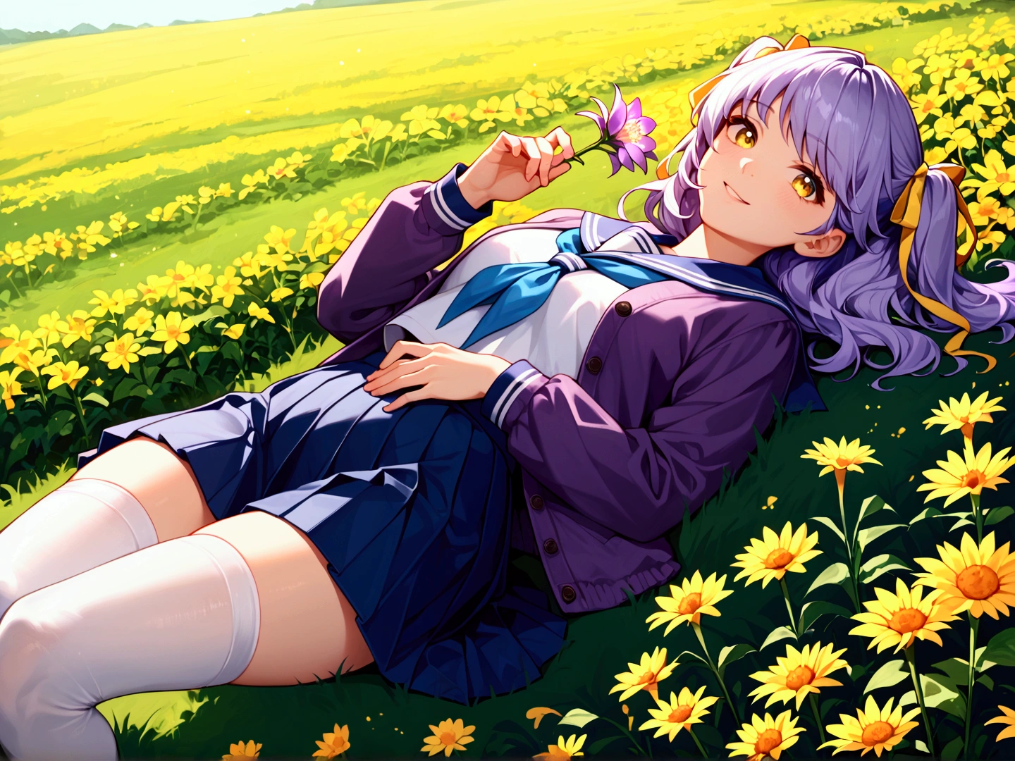 score_9, score_8_up, score_7_up, 1girl, solo, light purple hair, medium hair, two-side up, hair ribbon, yellow ribbon, yellow eyes, smile, faint lips, serafuku, white serafuku, blue sailor collar, aqua neckerchief, purple jacket, open jacket, japanese clothes, navy skirt, pleated skirt, white thighhighs, outdoors, (iris, iris (flower) ), flower field, holding flower, on back, lying