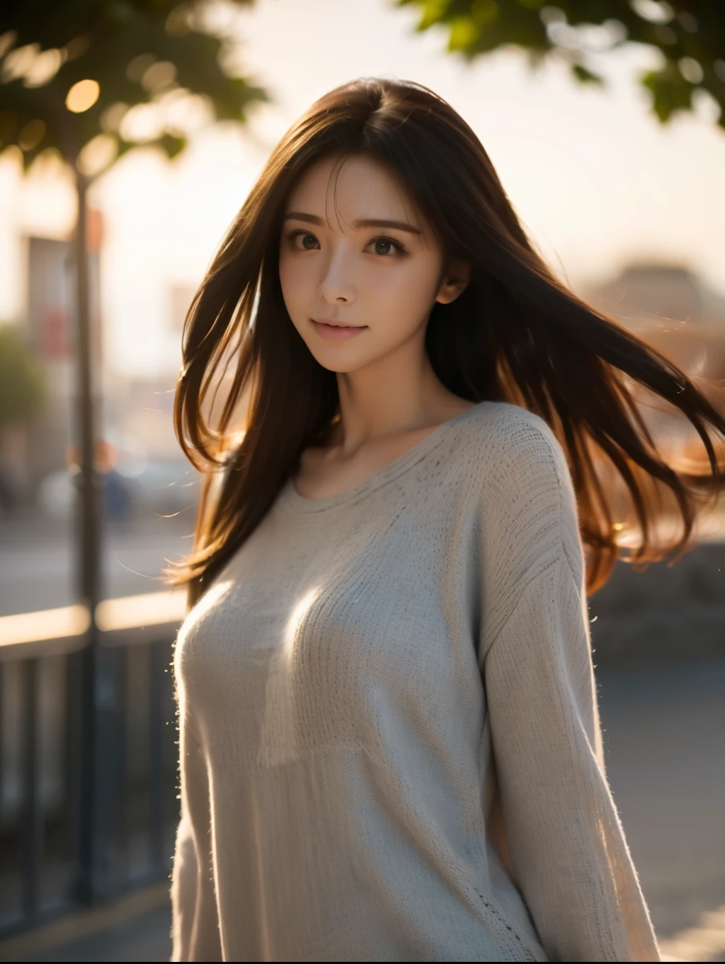 1woman,28yo,((face focused)),Detailed details,、high resolution、high quality、Perfect dynamic composition、Beautiful detailed eyes、Natural Color Lip、1 persons、Transparent skin、masterpiece、Best Quality、finely detail、high resolution、8K、The correct state of the human body、She wears a navy blue long knit dress、randome pose、Gravure Model Pose、Hair soaring in the wind
