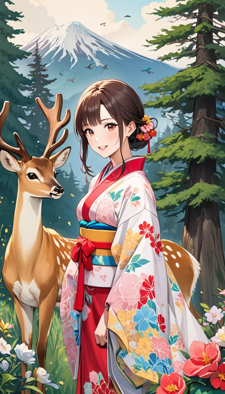 Young beautiful woman in kimono, colorful japanese clothes, Marugaku,Look at me and smile,  (Big Pine Tree, Mountain, Antlerless deer, bird,  White cloud, Flowers), Japanese painting style, Illustration art, art，Colored pencil drawing，Draft, 