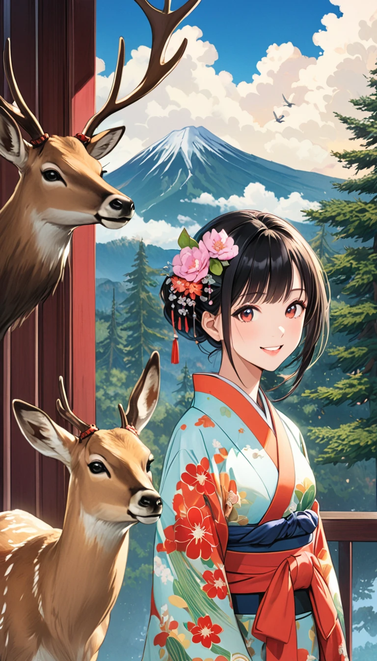 Young beautiful woman in kimono, colorful japanese clothes, Marugaku, hair ornaments, Look at me and smile,  (Big Pine Tree, Mountain, Antlerless deer, bird,  White cloud, Flowers), Japanese painting style, Illustration art, art，Colored pencil drawing，Draft, 