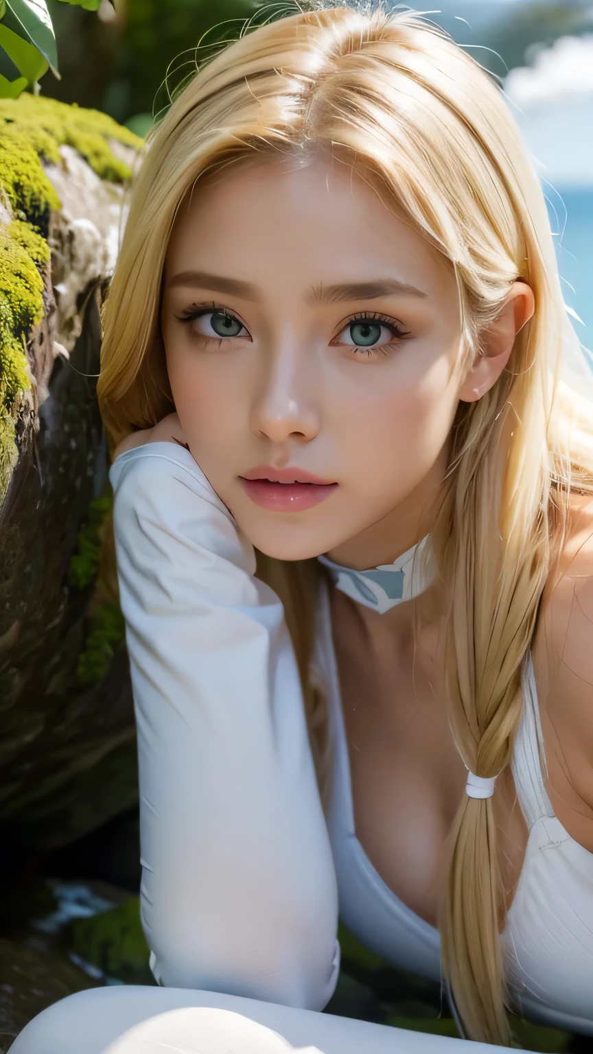 Strong light, Strong contrast, In an open-roofed cave、Sunlight shines through green moss and ferns。, And open( Ocean View:1.1) end, Cel-shaded rendering, 4K, 360 degrees, Equirectangular projection, what, One Girl, 30-year-old woman､Beautiful woman､Long Blonde Hair､White Latex Leotard､White long boots､White arm cover､masterpiece, 最high quality, high quality, High resolution, (((Face close-up)))、、Cleavage