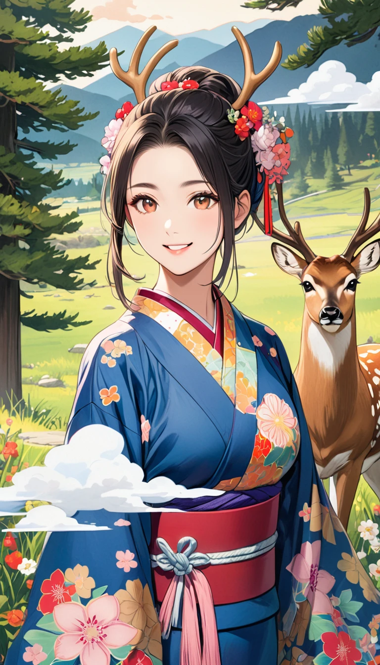 Young beautiful woman in kimono, colorful japanese clothes, Marugaku, hair ornaments, Look at me and smile,  (Big Pine Tree, Mountain, Antlerless deer, bird,  White cloud, Flowers), Japanese painting style, Illustration art, art，Colored pencil drawing，Draft, 