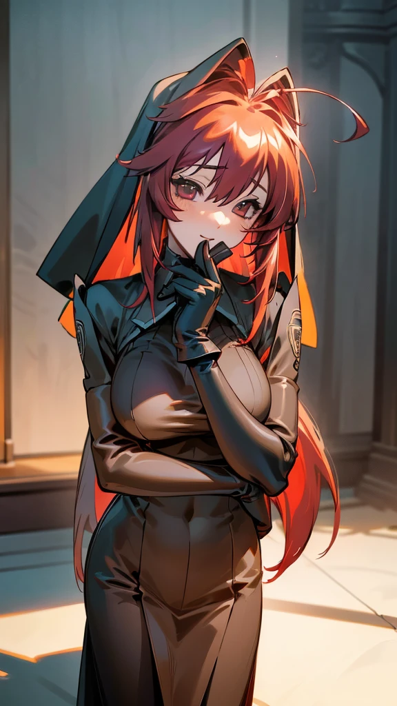 masterpiece, best quality, (extremely detailed CG unity 8k wallpaper), (best quality), (best illustration), (sexy_girl), posing, realistic lighting, absurdres, 1girl, agami Sumika, red hair, ahoge, red eyes, yellow bow, hair intakes, large_breasts, nun_outfit, sexy, long_gloves