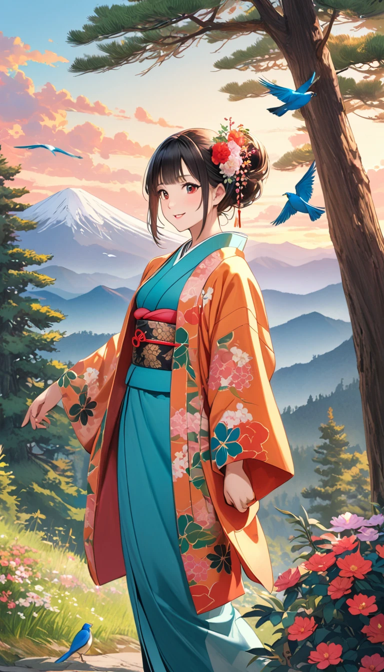 Young beautiful woman in kimono, colorful japanese clothes, Marugaku, hair ornaments, Look at me and smile,  (Big Pine Tree, Mountain, bird,  cloud, Flowers), Japanese painting style, Illustration art, art，Colored pencil drawing，Draft, 