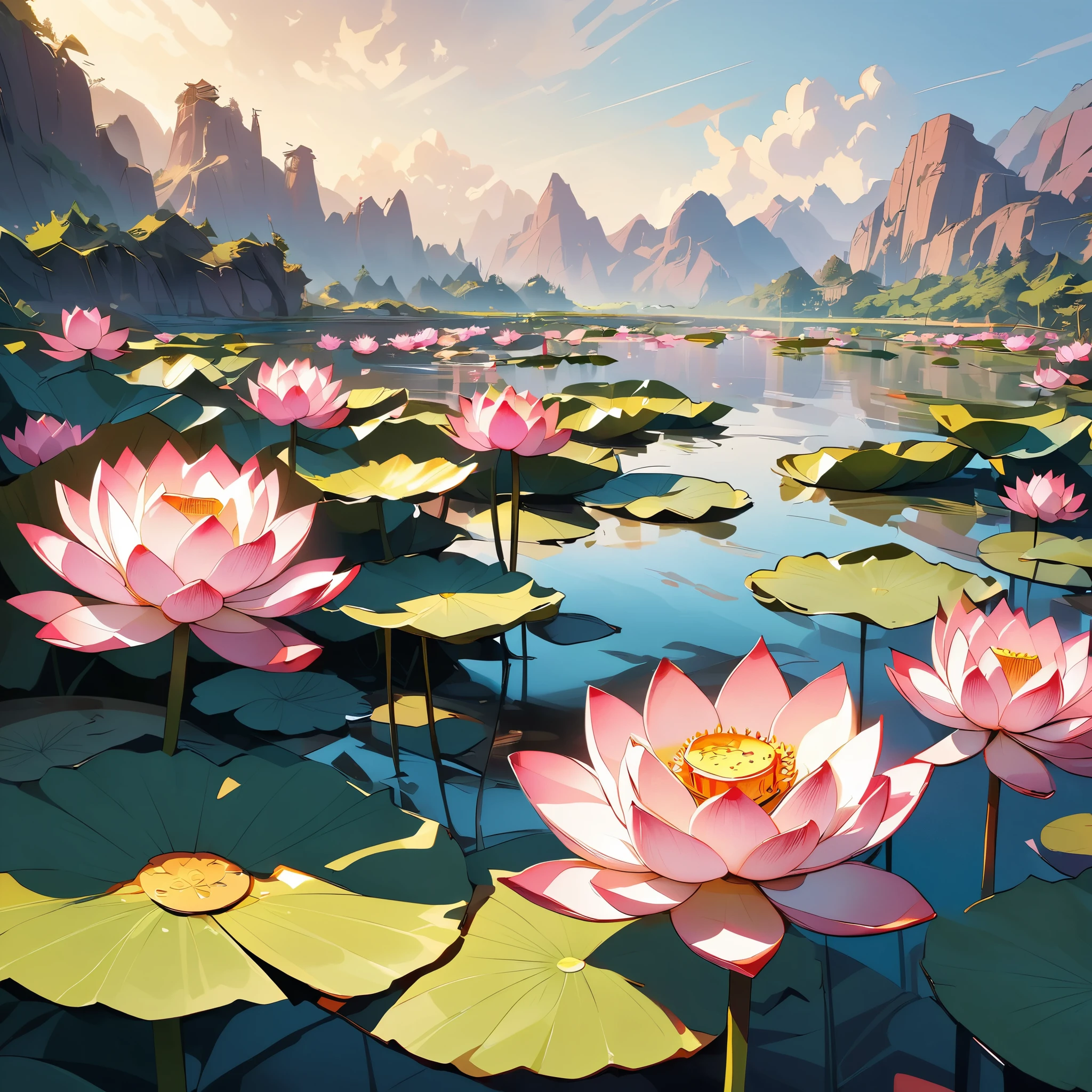 ((masterpiece))((Highest quality)), (Beautiful lotus flower、Very detailed、Digital Painting、Toon Style、Landscape with lotus flowers、Very detailed、Intricate details、Bright colors、Cinematic lighting、Soft lighting