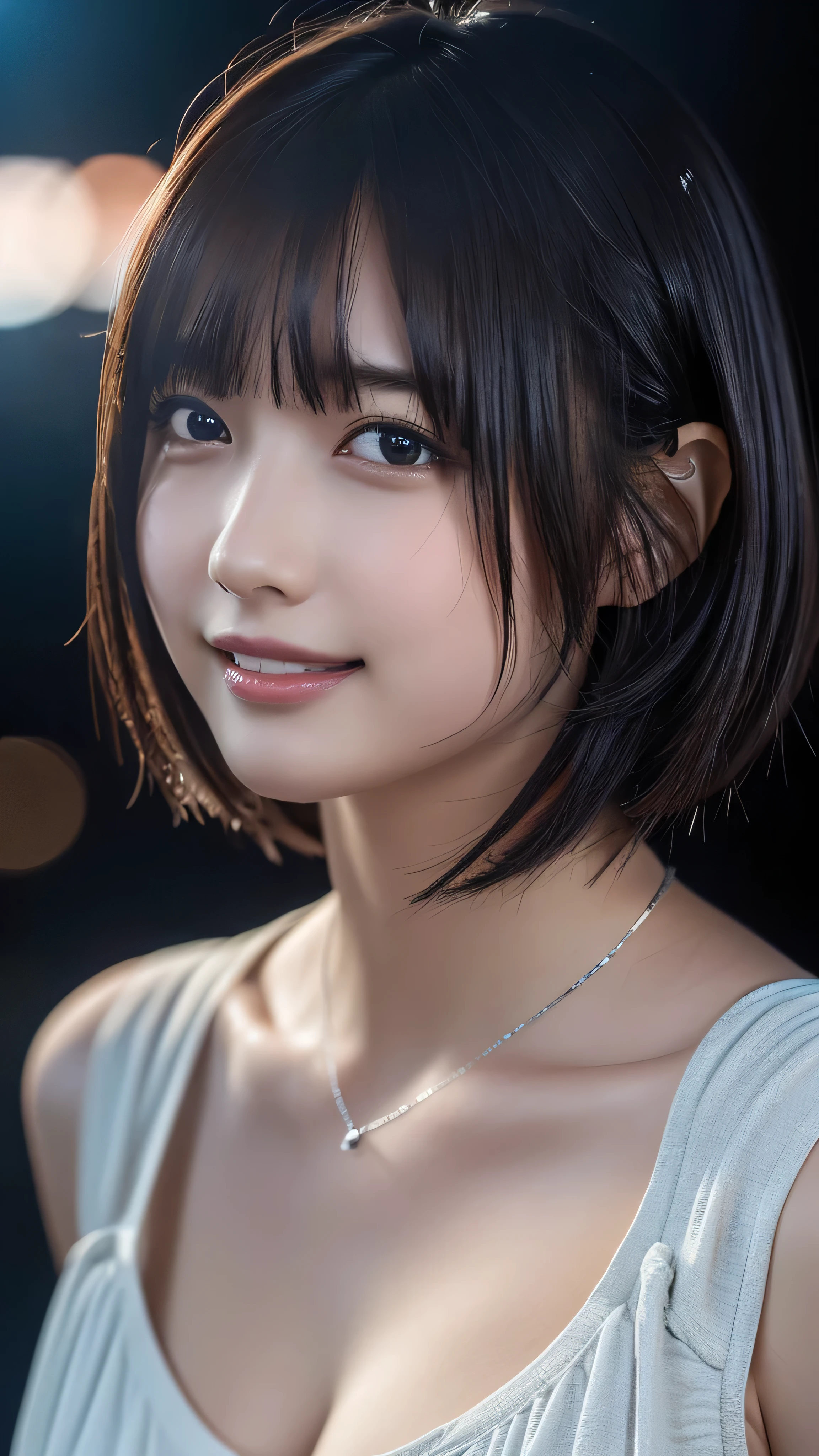 ((masterpiece, Highest quality, High resolution)), Japanese schoolgirl、(Realistic: 1.4), A shy smile、Mouth closed、shut up.、Great face,Glossy Lips、, Silver short hair, (Beautiful Hair:1.5), (Thin oversized tank top)、Cleavage、、At the Beach、Fireworks at night、Looking up at the fireworks、Fireworks viewing、Side Angle, Smooth, Highly detailed CG composite 8K wallpaper, High resolution RAW color photos, Professional photography, Light, BackLight, impressive, Written boundary depth, (Face close-up:1.4)