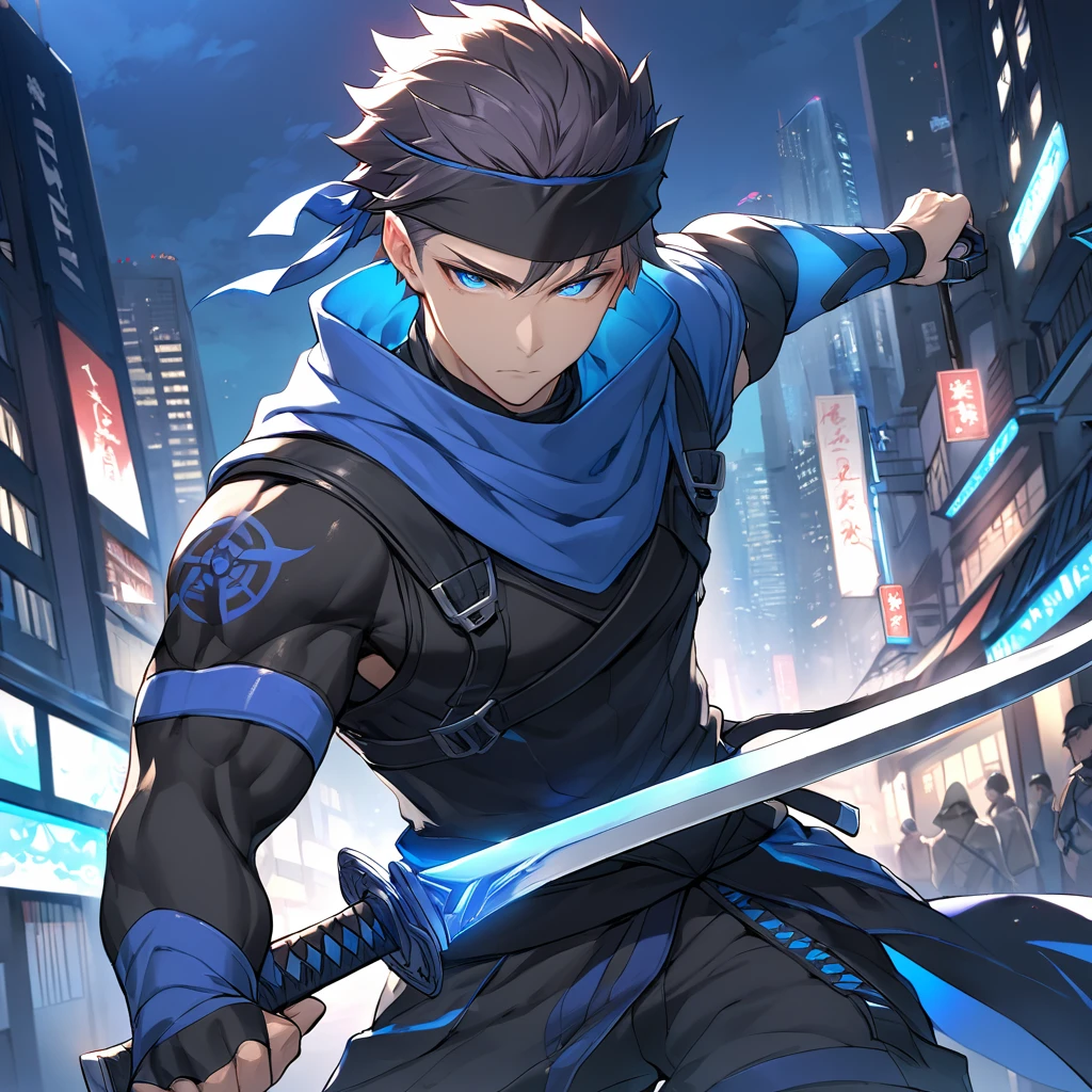 1boy, solo,, blue high light color,  ninja clothes, looking at you, night, city,expressionless, muscle, holding two swords 