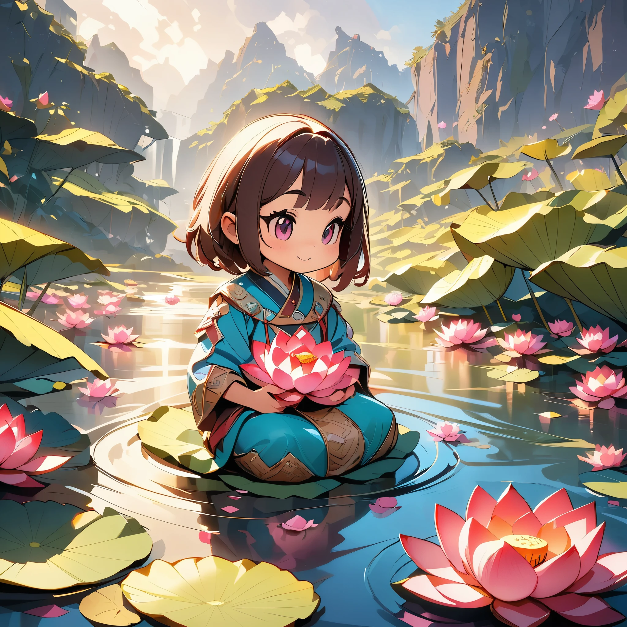 ((masterpiece))((Highest quality)), (Beautiful lotus flower、Very detailed、Digital Painting、Toon Style、Landscape with lotus flowers、Very detailed、Intricate details、Bright colors、Cinematic lighting、Soft lighting