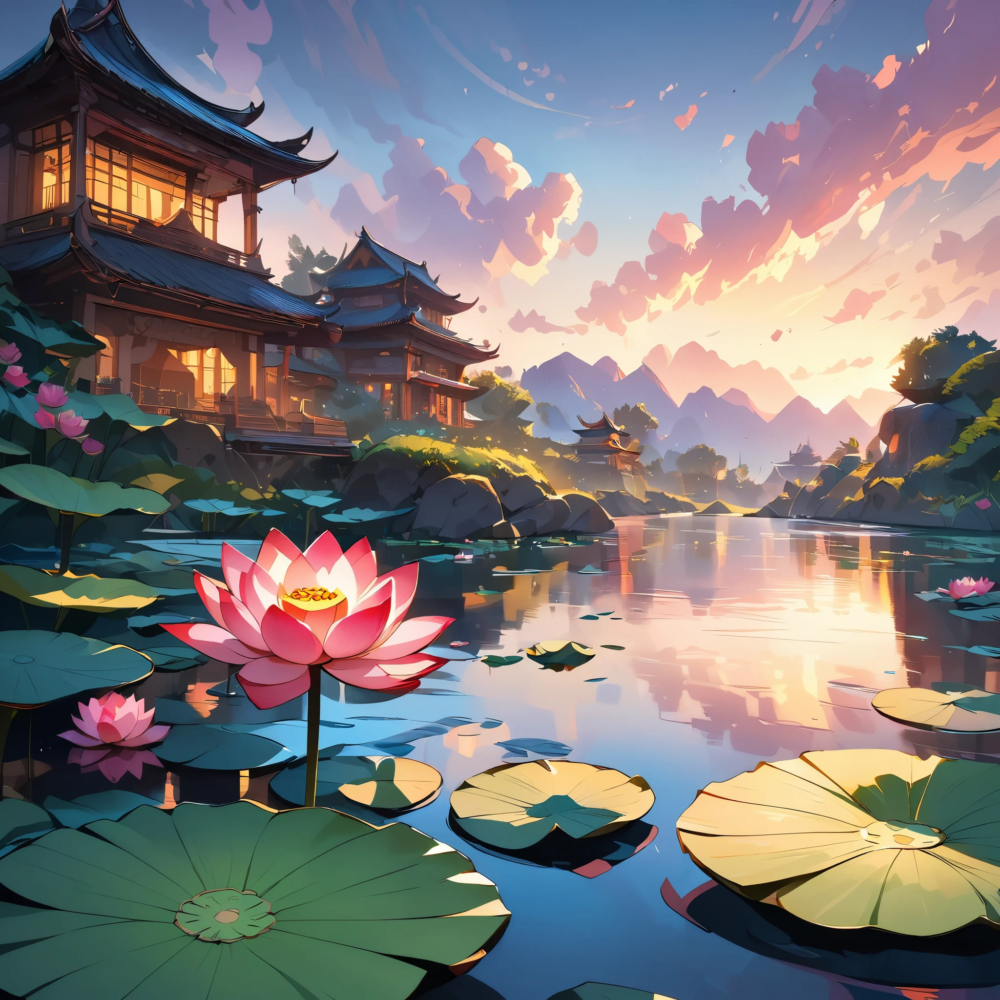 ((masterpiece))((Highest quality)), (Beautiful lotus flower、Very detailed、Digital Painting、Toon Style、Landscape with lotus flowers、Very detailed、Intricate details、Bright colors、Cinematic lighting、Soft lighting