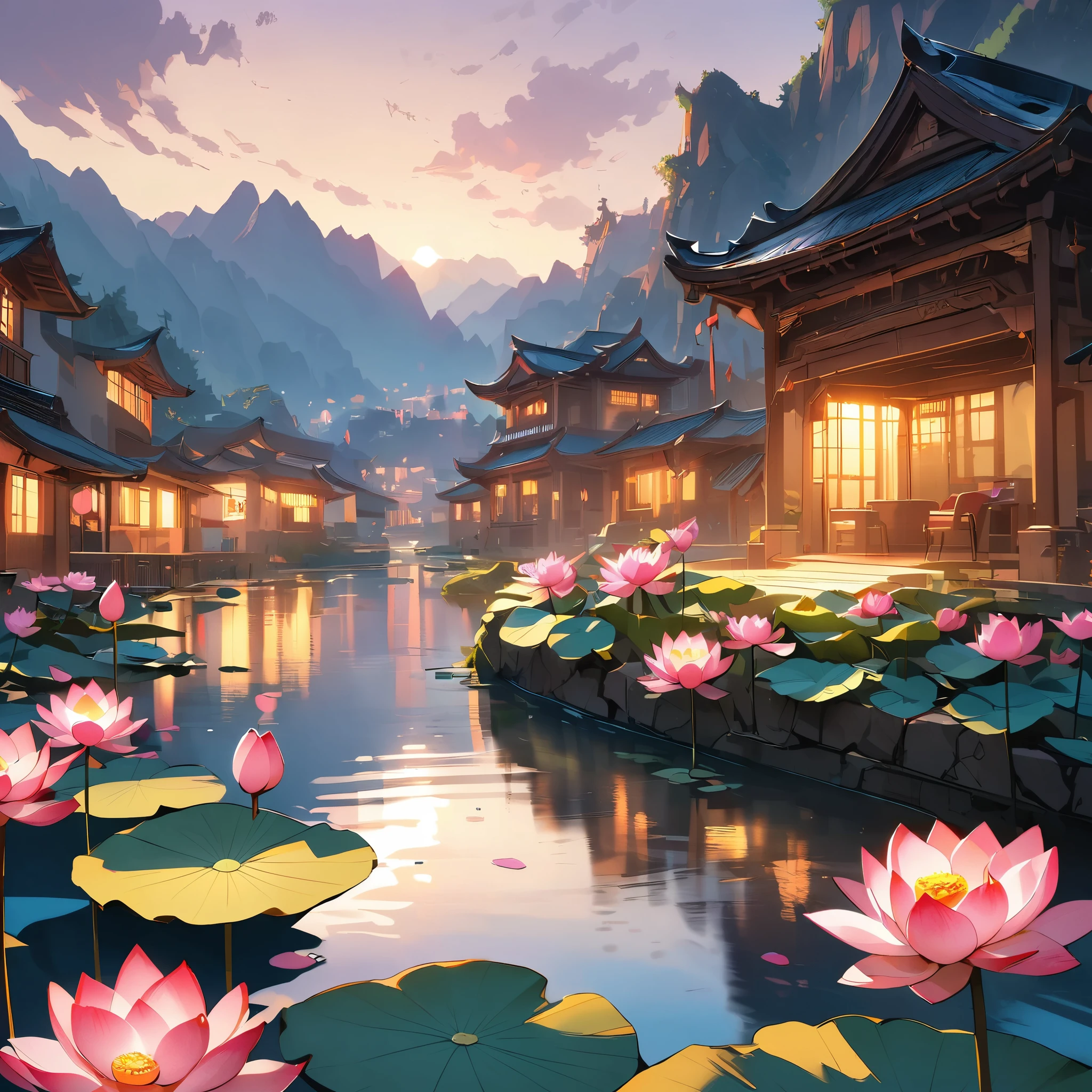 ((masterpiece))((Highest quality)), (Beautiful lotus flower、Very detailed、Digital Painting、Toon Style、Landscape with lotus flowers、Very detailed、Intricate details、Bright colors、Cinematic lighting、Soft lighting