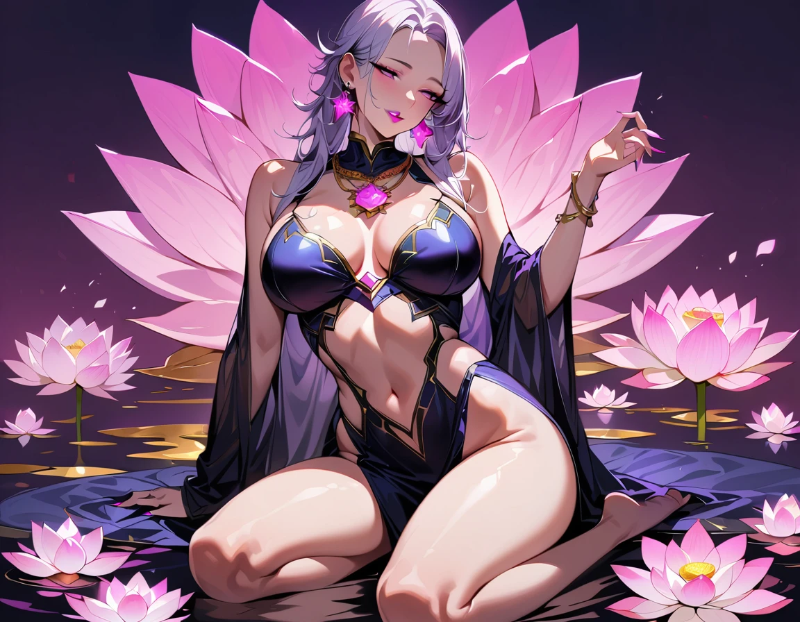 Young beautiful woman,(Highest quality,Extremely detailed depiction,Incredibly absurd high resolution,Anatomically accurate depiction,Shiny skin,Porcelain-like skin,Curvy Legs),(Bewitching angel),(Noble angel costume,Lotus flower embroidery,See-through robe,Intricate embroidery,Strong shiny fabric,black tights),eyelash,(Pink Eyes,Large Breasts,A seductive smile,Glossy lips,Flashy makeup,Seductive gestures,Half-closed eyes:1.5),Luxury earrings,necklace,Lotus flower accessories,whole body,background:A pond with blooming lotus flowers,Floating lotus flower