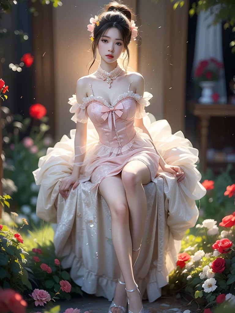 Lolita 1,skirt,flower (High quality details), 1 Girl, solo, Young women, Elegant Posture, ((Naturally sitting)), (Focus on natural body posture and correct anatomy:1.3), (Perfect leg proportions:1.3)，(True and accurate leg shape:1.2), ((Natural leg position)), skirt很短, 一只手抚摸着skirt的下摆, 掀起skirt的下摆, Bare shoulders, Natural posture, Soft expression, Exquisite makeup, Soft blush, Bright Eyes, Soft lips, flower仙子风格, ((Anatomically accurate)), (Real natural legs), Smooth skin, Soft lighting, high resolution, 8K Ultra HD, Clear focus, Professional photography effects, Random elegant scenes, Multi-angle shooting