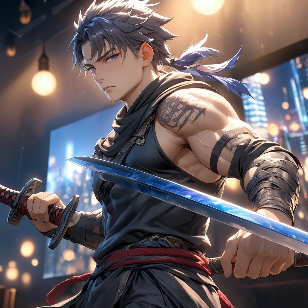 1 boy, solo, blue highLight, ninja clothes, looking at viewer, night city, expressionless, muscular, holding two swords, best quality, 4k, 8k, highres, masterpiece:1.2, ultra-detailed, realistic, photorealistic:1.37, HDR, UHD, studio lighting, ultra-fine painting, sharp focus, physically-based rendering, extreme detail description, professional, vivid colors, bokeh, portraits, concept art