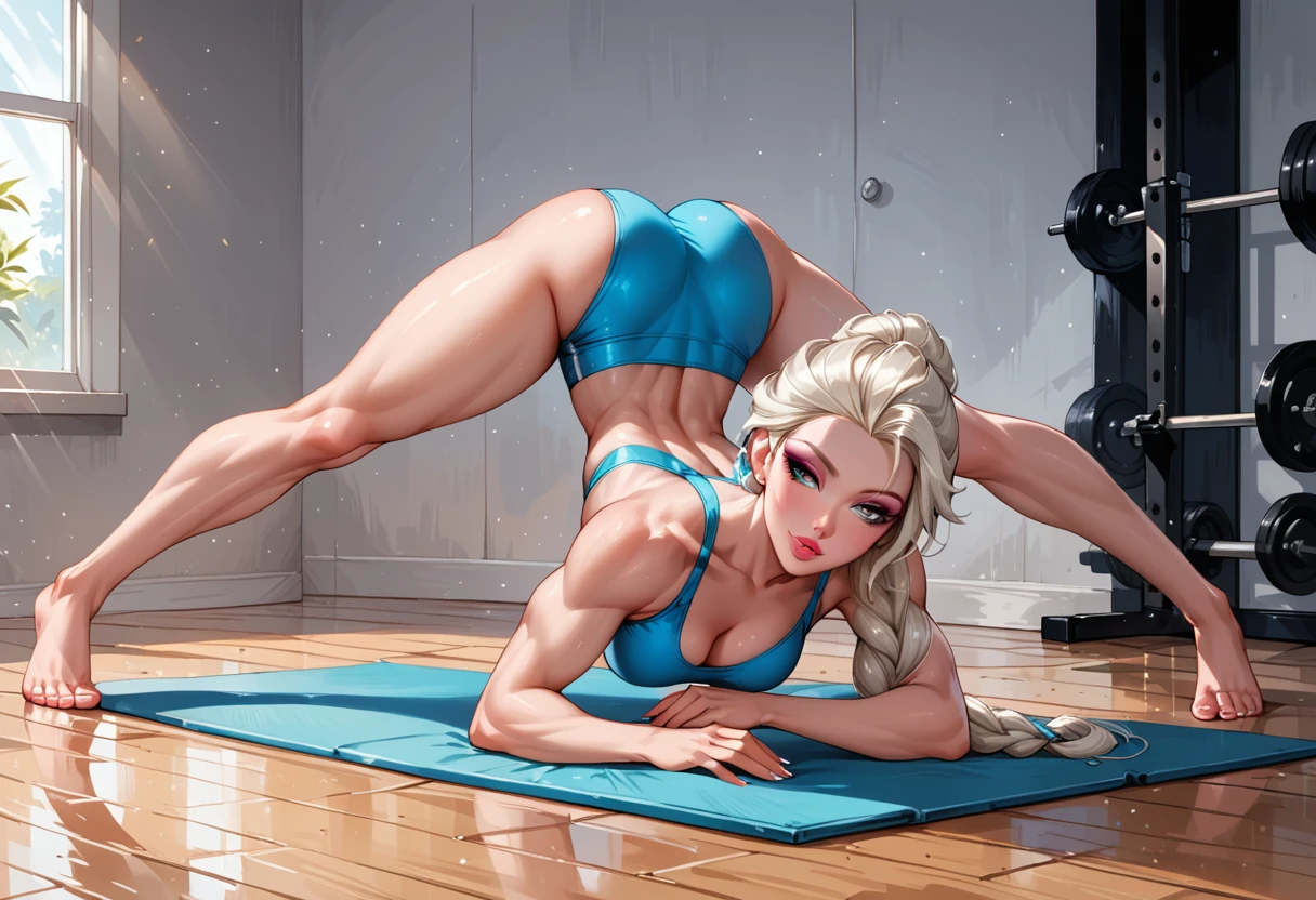 Dark Fantasy Art of score_9, score_8_up, score_7_up, rating_questionable, fantasy, lighting, epiCPhoto 1girl, very sexy Elsa, cute gym attire, barefoot, (muscular:1.1), (athletic body:1.1), (muscular body:1.1), (bulky:1.1), solo, cute, flirt, gaze, sexy look, half-closed eyes, head tilt, filled lips, thick lips, makeup, modelling shoot, sexy pose, Jack-o-pose, on yoga mat, in the gym, dark, moody, dark fantasy style.