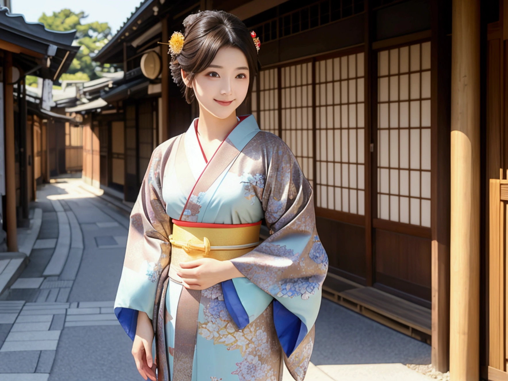 (1 person)、One person、smile、Brightly colored kimonos、Queen、goddess、Beauty、speech、In front of the audience、2、Realistic photos, Beautiful Eyes, Elegant kimono, Soft lighting, Traditional Japanese art style, Vibrant colors, Peaceful atmosphere, Delicate features, Graceful posture、She wears traditional kimonos and modern accessories.