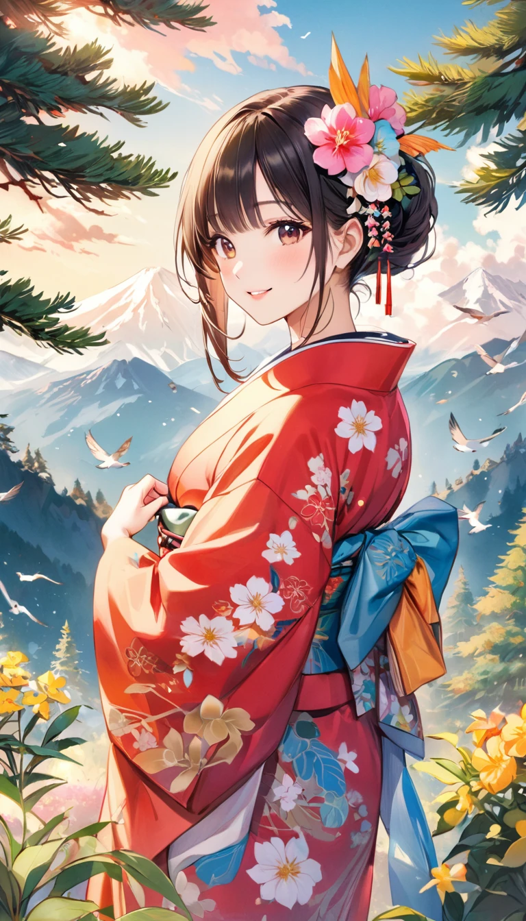 Young beautiful woman in kimono, colorful japanese clothes, Marugaku, hair ornaments, Look at me and smile,  (Big Pine Tree, Mountain, bird,  cloud, Flowers), Japanese painting style, Illustration art, art，Colored pencil drawing，Hand-drawn, 