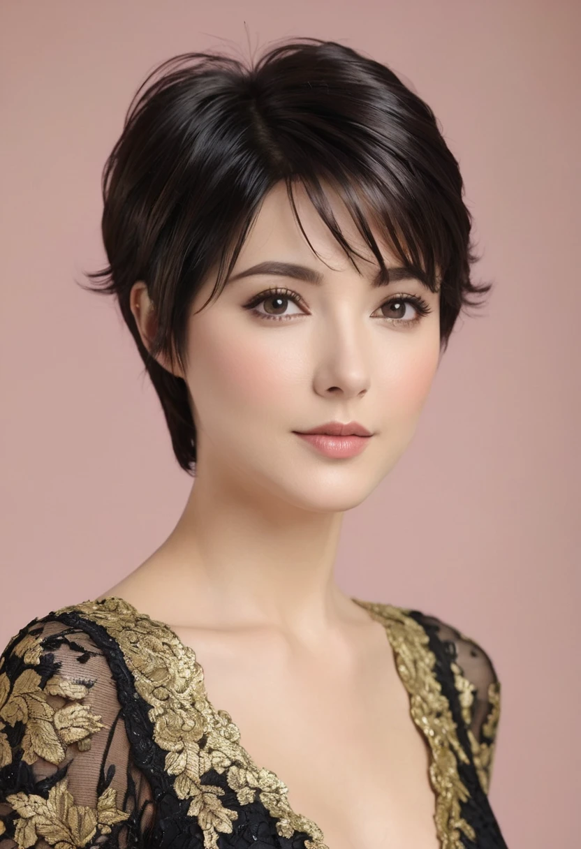 (masterpiece, best quality:1.2), short hair，Eyes are very fragile，Exquisite hair color，（（Black and Gold Sheer Lace Dress）），