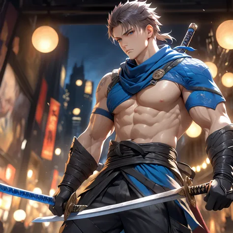 1 boy, solo, blue highlight, ninja clothes, looking at viewer, night city, expressionless, muscular, holding two swords, best qu...