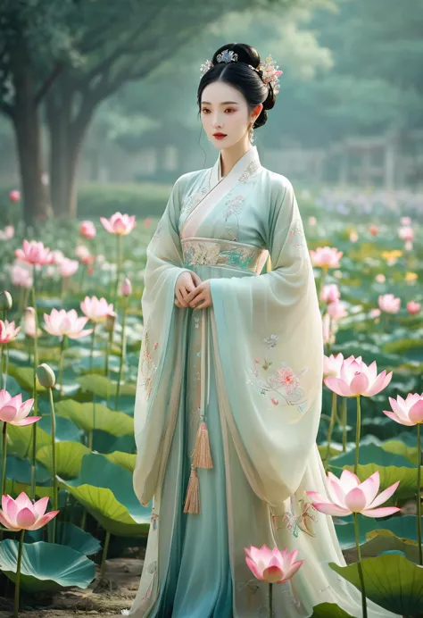 there is a woman in a dress standing in a field of flowers, palace ， a girl in hanfu, beautiful render of tang dynasty, wearing ...