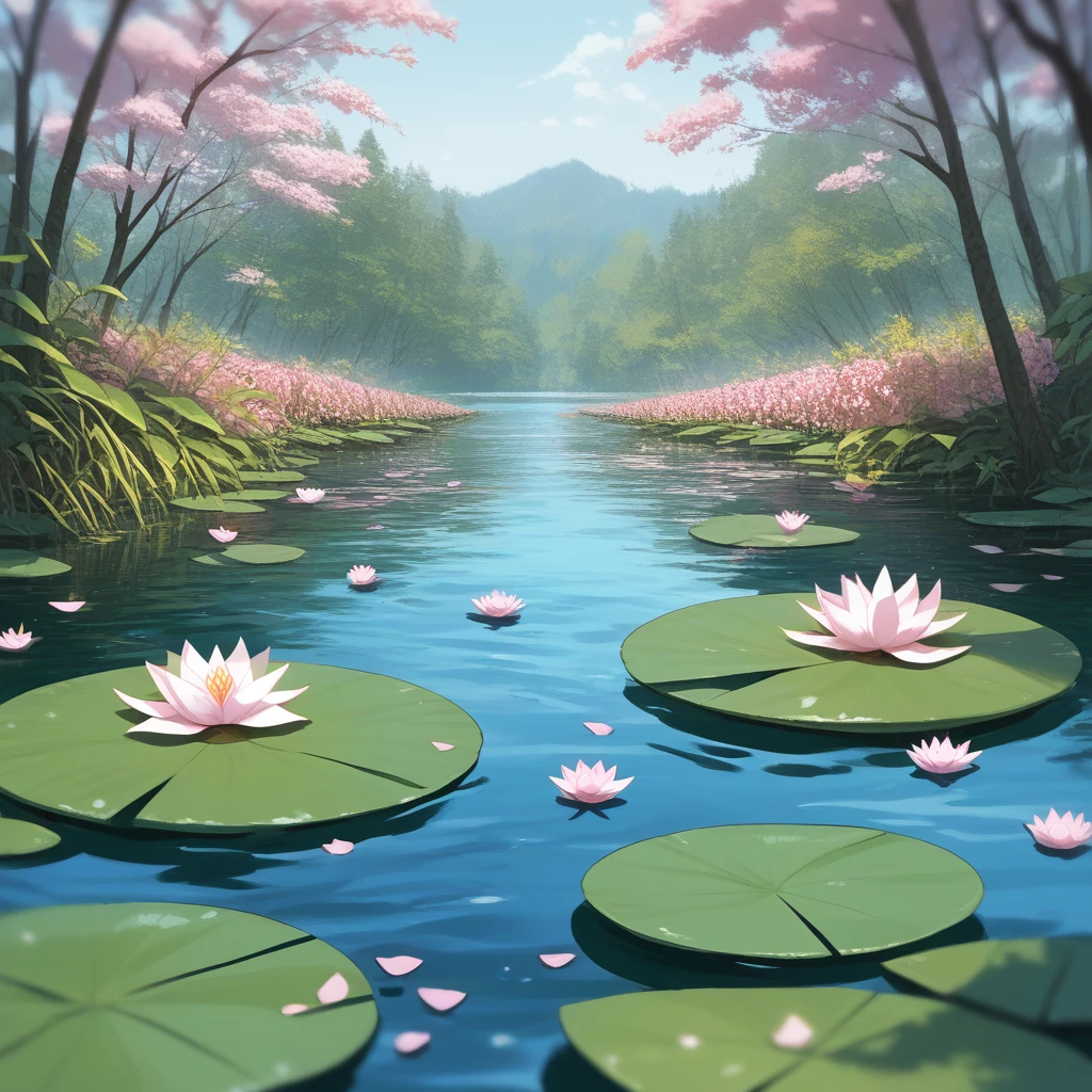 score_9, score_8_up, score_7_up, score_6_up, score_5_up, score_4_up, source_anime, best quality, masterpiece, (origami style:1.5), flower, blurry, lily pad, outdoors, lotus, leaf, pink flower, water, blurry background, day, scenery, depth of field, still life, nature