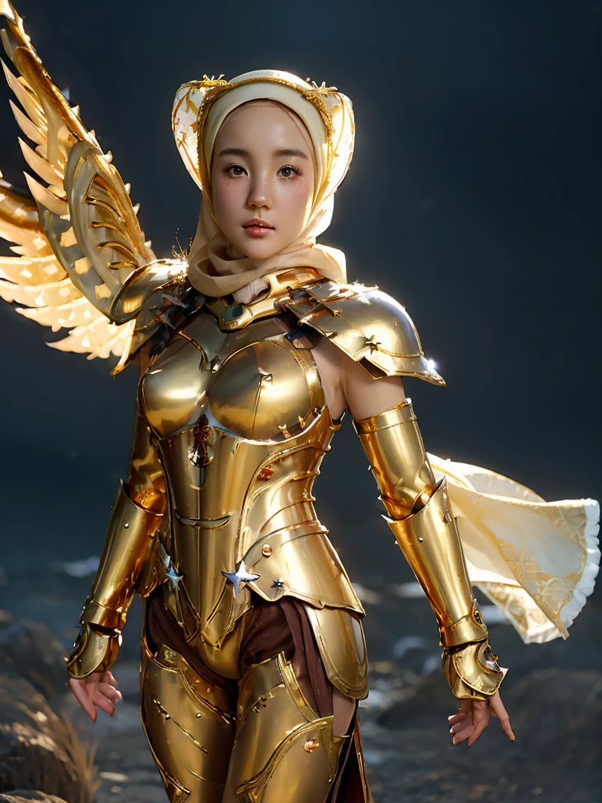 (1 Japan cutes teen with idol style), ((Top  Quality, masterpiece: 1.3)), focusing: 1.2, Perfect body care: 1.4 , (Wearing Hijab:1.2), ((Highly detailed face and skin texture)), Extremely realistic, Ultra detailed, HD, Portrait, 8K, Dressed in white and gold with spread wide big wings, (holding single flaming gold iron swords:1.2), (wearing hijab:1.5), (full iron golden armor:1.5), ornate cosplay, as a mystical valkyrie, the sailor galaxia, beautiful, white and gold priestess robes, anime cosplay, glamourous cosplay, with fiery golden wings, ((full iron trousers armor)), cosplay, professional cosplay, goddess of light, full body angel, cosplayer, perfect makeup, perfect face, beautiful face, beautiful body, arms covered with cloth, thighs covered with cloth, waterfall background, ((body object floating flying in the air:1.2)), foggy, fantasy weather, lightning strikes on either side, dramatic sttudio lighting, The atmosphere looks real, Full body shot, Front angle, ultra realistic, Professional、beautiful detail glow、Depth of bounds written、(((High chroma)))、(((real:1.9)))、((vivid:1.4))、((beautiful skin))、((skin texture))、((Real skin feel))、(((cowboy shot:1.5)))、((Angle seen from the front:1.5)), Front angle shot,