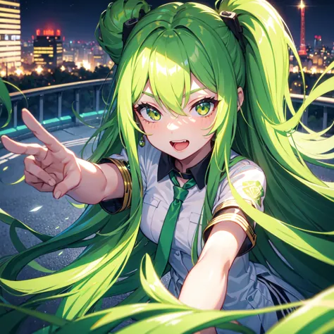 1 girl, green long hair, winking, middle of city, ultrasharp, 8k, masterpiece