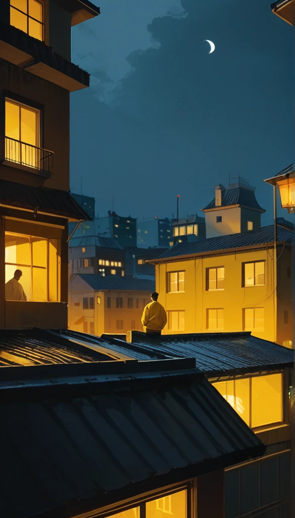 A guy with black hair in a yellow yellow suit of a yellow lantern case sits on the roof of a building in the dead of night. 