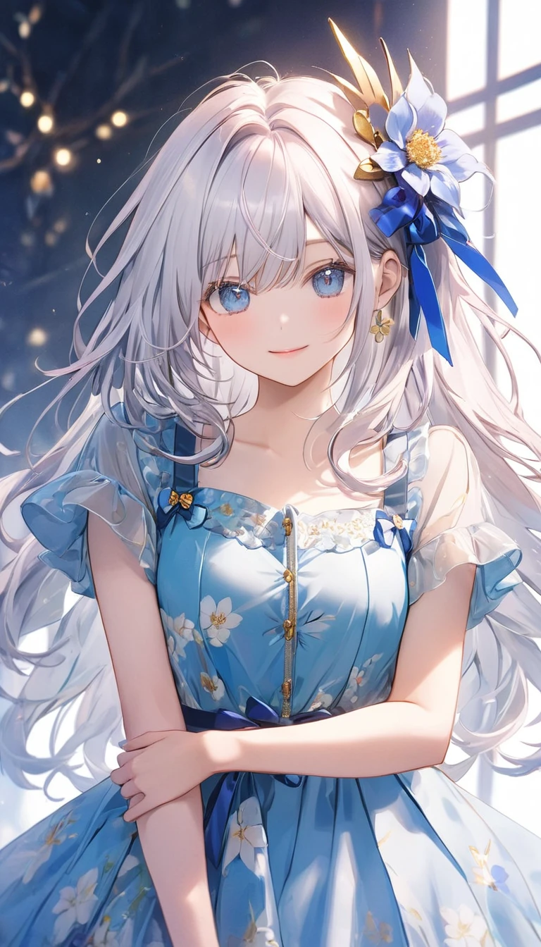 A delicate floral dress adorned with gold accents and details. Her long white hair is accented with a blue ribbon and a large flower accessory.. Open, Welcoming gesture and relaxed pose. bright, Soft with a clean background, Uniform lighting creates a calm and comfortable atmosphere.