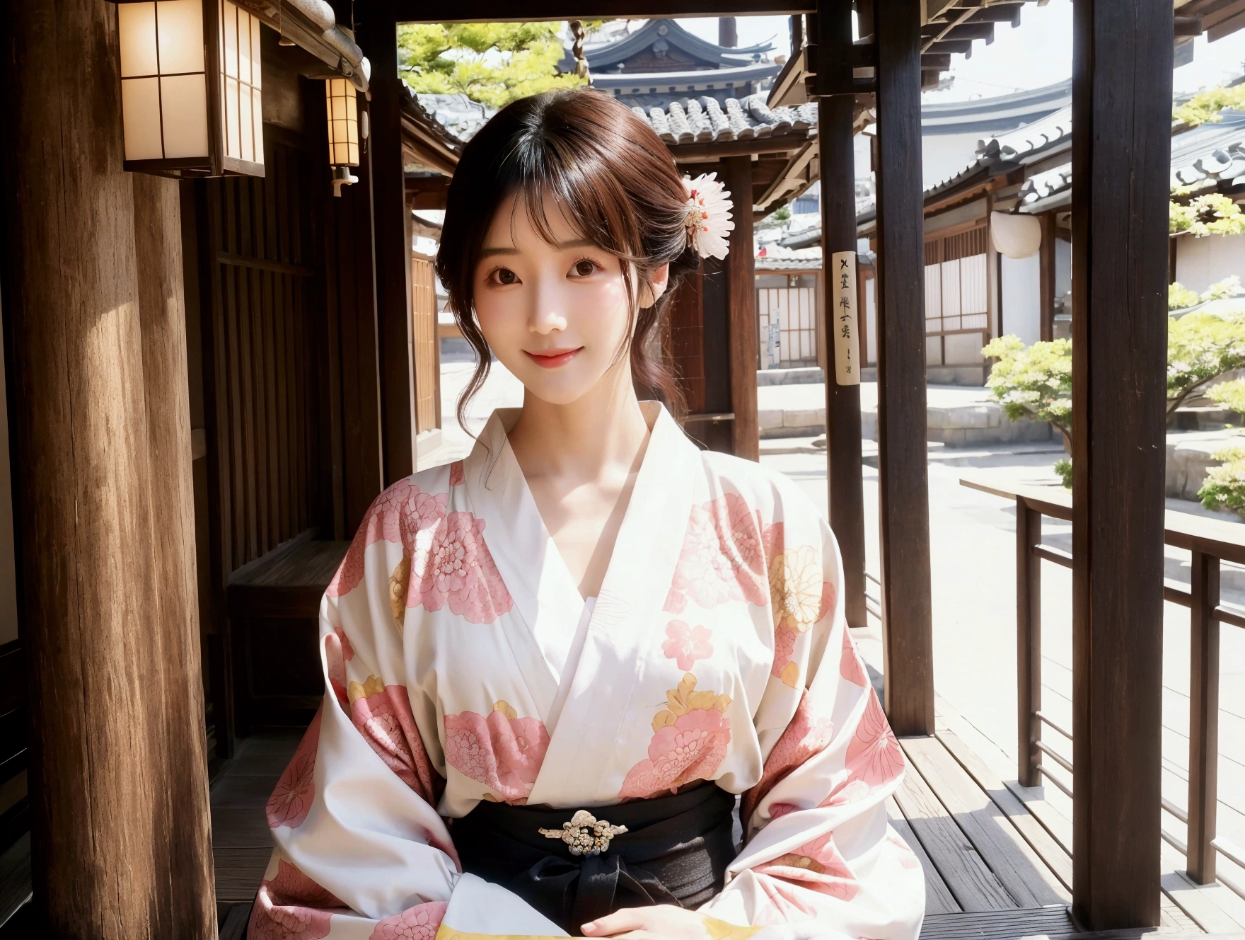 (1 person)、One person、smile、Brightly colored kimonos、Queen、goddess、Beauty、speech、In front of the audience、2、Realistic photos, Beautiful Eyes, Elegant kimono, Soft lighting, Traditional Japanese art style, Vibrant colors, Peaceful atmosphere, Delicate features, Graceful posture、She wears traditional kimonos and modern accessories.