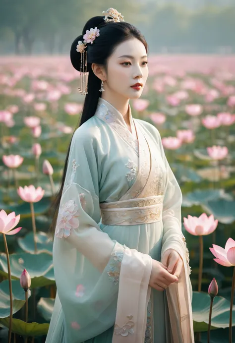 there is a woman in a dress standing in a field of flowers,palace,a girl in hanfu,[beautiful render of tang dynasty],wearing anc...