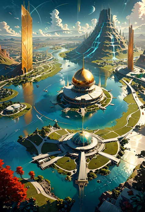 futuristic city with a golden dome and a river in the foreground, arstation and beeple highly, beeple and jean giraud, greg beep...