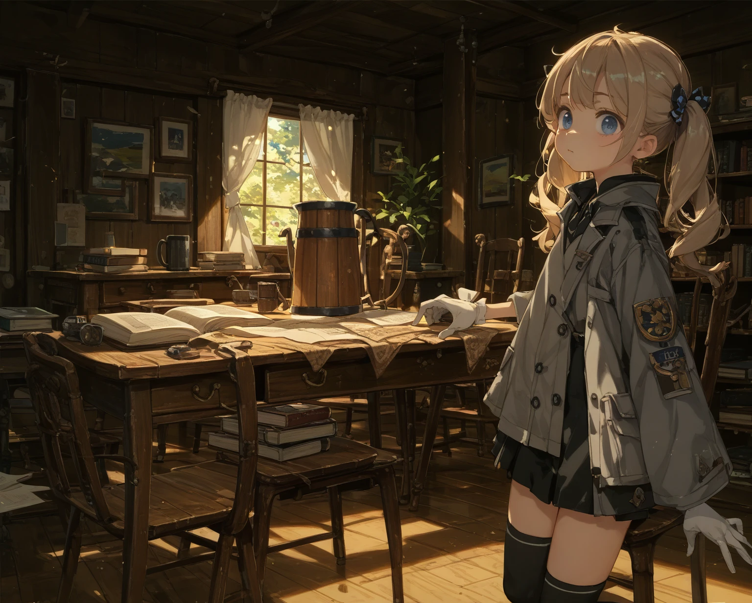 One woman、Beige Hair、Twin tails、、blue eyes、black and grey jacket、Black knee-high socks、has a book in his right hand、White gloves、Antique furniture、Mug on desk、Wooden desk、Wooden chair、carpet