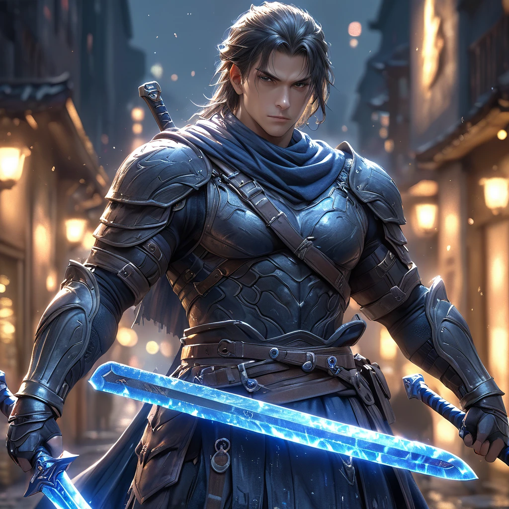 1 boy, solo, blue highLight with black hair, ninja clothes, looking at viewer, night city, expressionless, muscular, holding two swords, (best quality,4k,8k,highres,masterpiece:1.2),ultra-detailed,(realistic,photorealistic,photo-realistic:1.37),HDR,UHD,studio lighting,ultra-fine painting,sharp focus,physically-based rendering,extreme detail description,professional,vivid colors,bokeh,portraits,concept art