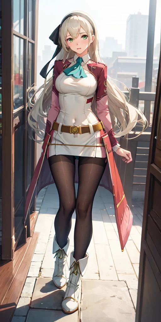 One girl, Medium chest, Ellie McDowell, Long Hair, Blonde, Green Eyes,hair band, Blue Ascot, Hair Ribbon, Long sleeve, belt, pantyhose, White boots, ,Her panties are almost visible, but not visible.、Nipples visible through clothes、Embarrassed、Thin fabric clothing