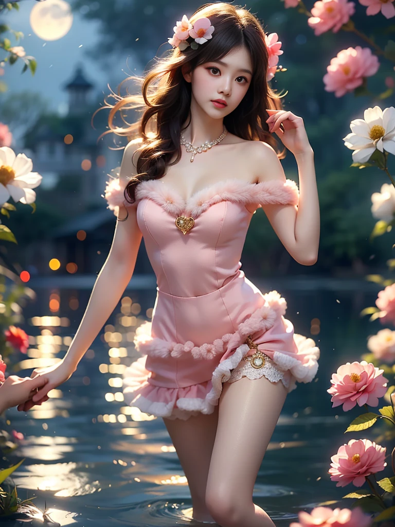  (High quality details), 1 Girl, solo, Young women, Elegant Posture, ((night, moonlight)), ((Lying in the water naturally)), (Focus on natural body posture and correct anatomy:1.3), (Perfect leg proportions:1.3)，(True and accurate leg shape:1.2), ((Natural leg position)), The skirt is very short, One hand stroked the hem of the skirt, Lift the hem of the skirt, Bare shoulders, Natural posture, Soft expression, Exquisite makeup, Soft blush, Bright Eyes, Soft lips, Flower fairy style, ((Anatomically accurate)), (Real natural legs), Smooth skin, Soft lighting, high resolution, 8K Ultra HD, Clear focus, Professional photography effects, Random elegant scenes, Multi-angle shooting