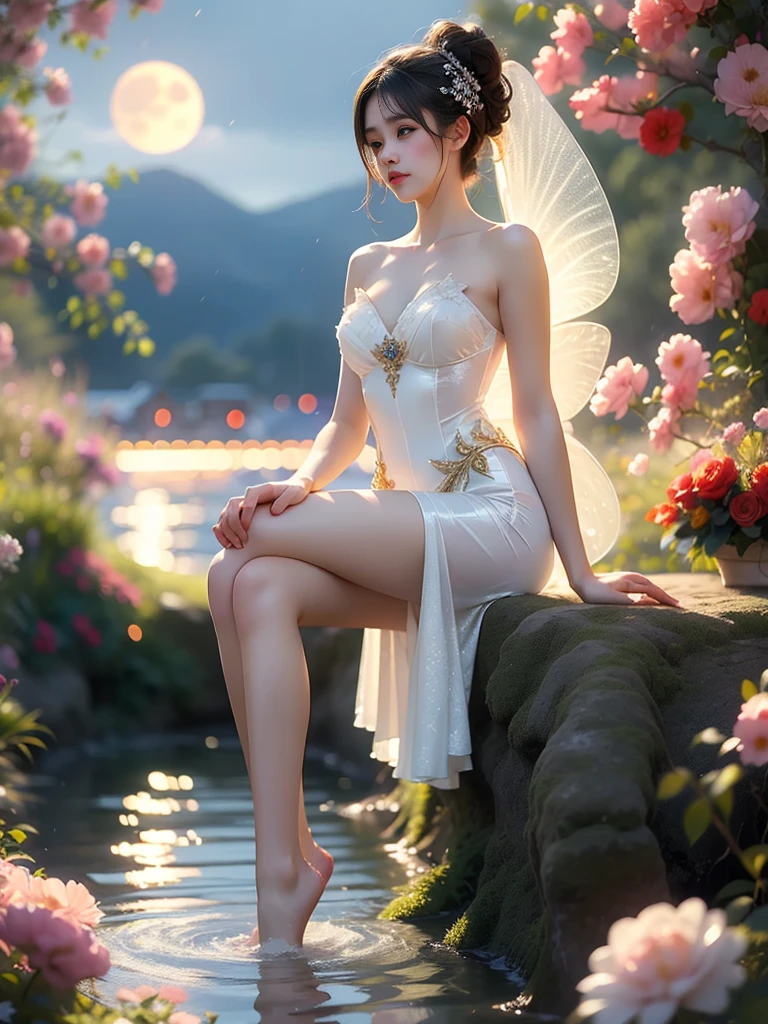 (High quality details), 1 Girl, solo, Young women, Elegant Posture, ((night, moonlight)), ((Sitting elegantly, Sitting in the water naturally)), (Focus on natural body posture and correct anatomy:1.3), (Perfect leg proportions:1.3)，(True and accurate leg shape:1.2), ((Natural leg position)), The skirt is very short, One hand stroked the hem of the skirt, Lift the hem of the skirt, Bare shoulders, Natural posture, Soft expression, Exquisite makeup, Soft blush, Bright Eyes, Soft lips, Flower fairy style, ((Anatomically accurate)), (Real natural legs), Smooth skin, Soft lighting, high resolution, 8K Ultra HD, Clear focus, Professional photography effects, Random elegant scenes, Multi-angle shooting